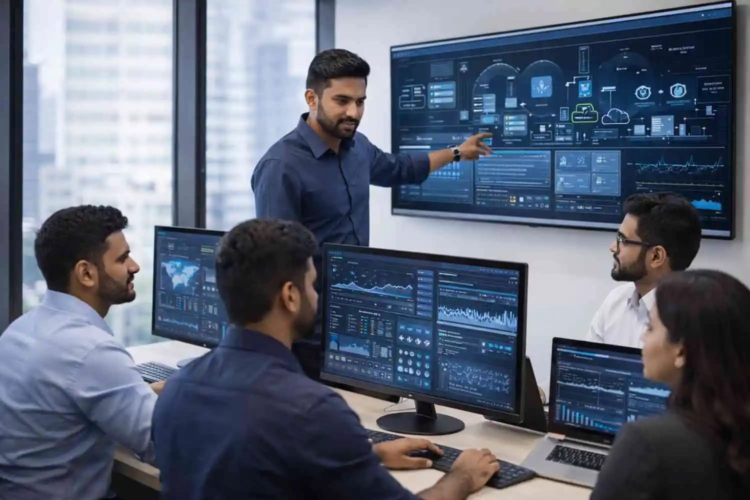 Engineering and ERP specialists reviewing digital project systems together